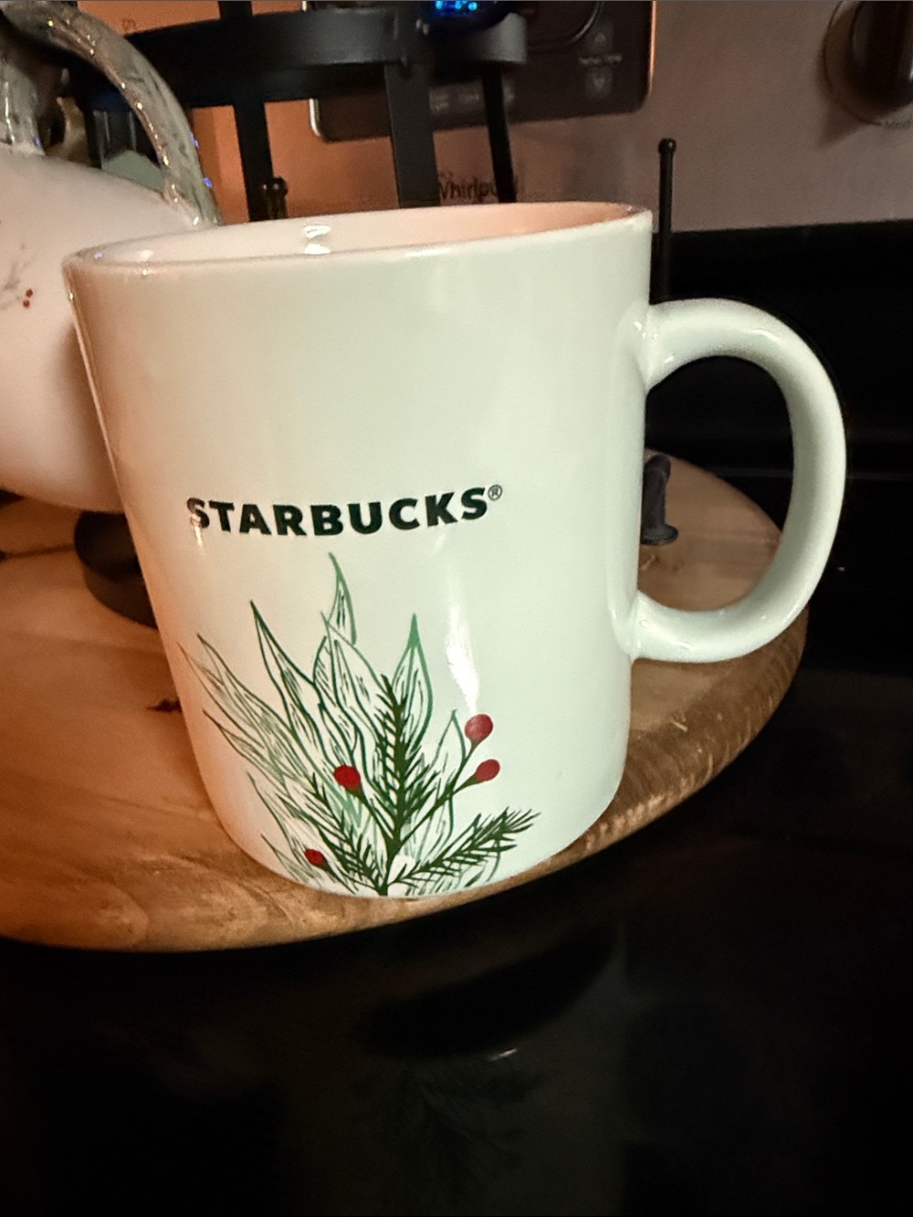 Starbucks Cream Ceramic Mug with Green Leaf and Red Berry Accents